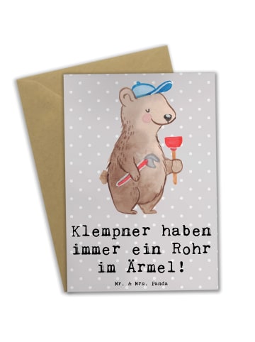 Mr. & Mrs. Panda Klappkarte Klempner Helden mit Spruch in Grau Pastell