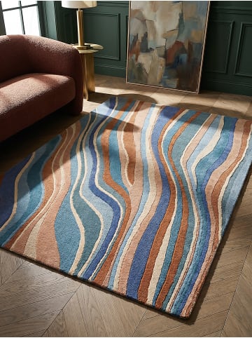 KADIMA DESIGN Teppich Wolle Handgetuftet DERWENT Wellen Muster Wohnzimmer in Multicolor-Blau