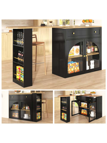 ABRIHOME Ausziehbarer Bartisch mit Stauraum in Schwarz - Sideboardschrank mit Glas