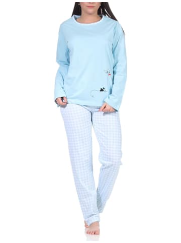 NORMANN langarm Schlafanzug Pyjama Katzen und karierter Jersey Hose - 66206 in hellblau
