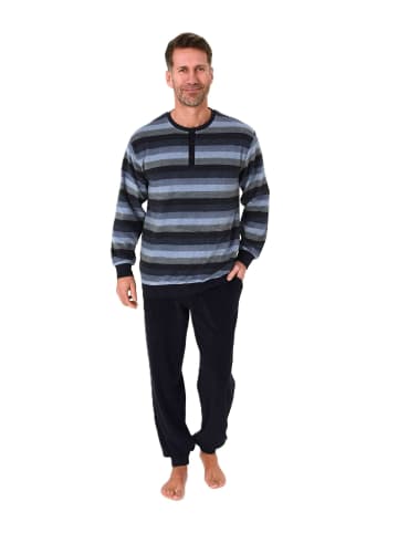 NORMANN Langarm Schlafanzug Frottee Stretch Pyjama Bündchen in blau