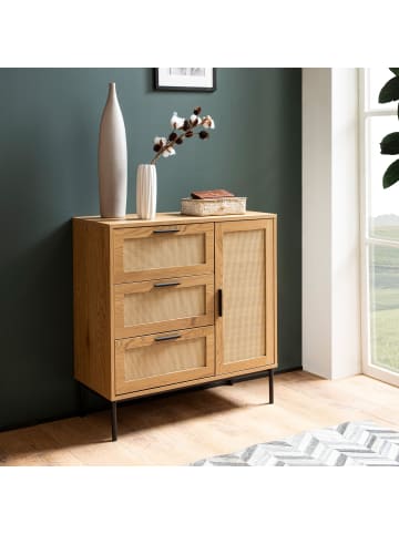 KADIMA DESIGN Kommode 80x82x36 cm Flurkommode Eiche-Dekor & Rattan, Sideboard mit