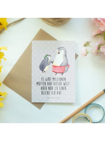 Mr. & Mrs. Panda Glückwunschkarte Pinguin mit Kind mit Spruch in Grau Pastell