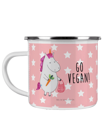 Mr. & Mrs. Panda Camping Emaille Tasse Einhorn Vegan mit Spruch in Rot Pastell