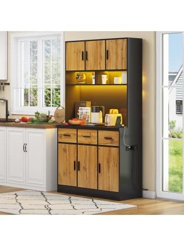 ABRIHOME Küchenschrank in Natürlich 100x40x180 cm mit LED Schubladen und Steckdosen 