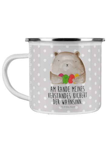 Mr. & Mrs. Panda Camping Emaille Tasse Bär Gefühl mit Spruch in Grau Pastell
