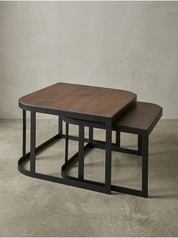 KADIMA DESIGN Couchtisch Dunkel 2er-Set | Mango Massiv, Metall-Gestell, Industrial in Schwarz
