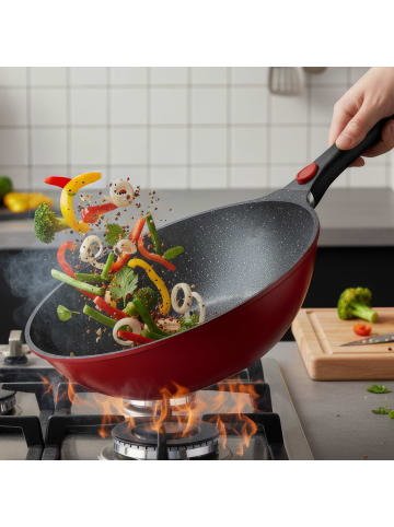 Stoneline SMART Wokpfanne 30 cm, abnehmbarer Griff | mit Deckel in Rot