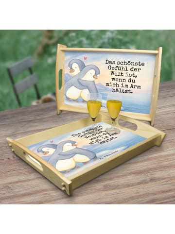 Mr. & Mrs. Panda Holztablett Pinguine Kuscheln Design mit Spruch in Weiß