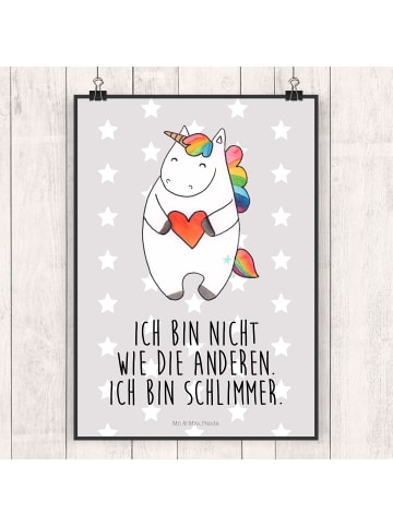 Mr. & Mrs. Panda Poster Einhorn Herz mit Spruch in Grau Pastell