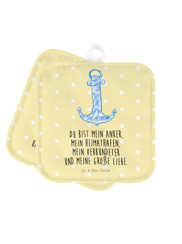 Mr. & Mrs. Panda Topflappen Anker Blau mit Spruch in Gelb Pastell