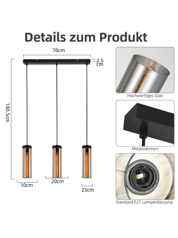 ZMH Pendelleuchte 3-flammige E27 in rauchgrau Glas H 120cm