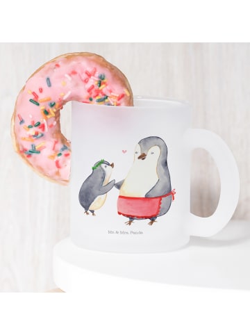 Mr. & Mrs. Panda Teetasse Glas Pinguin mit Kind ohne Spruch in Transparent