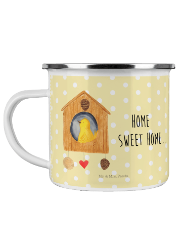 Mr. & Mrs. Panda Camping Emaille Tasse Vogelhaus Home mit Spruch in Gelb Pastell