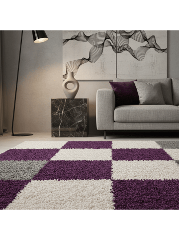 KADIMA DESIGN Teppich Hochflor Shaggy Waschbar Karo RHEIN Strapazierfähig in Violett