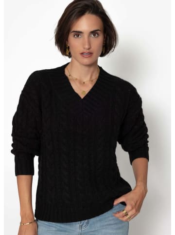 SASSYCLASSY Zopfstrickpullover mit V-Ausschnitt in Schwarz