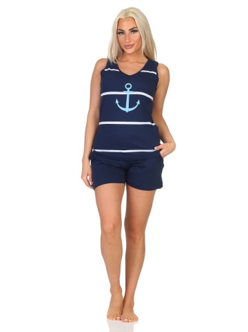 NORMANN Ärmelloser Spaghetti Pyjama Schlafanzug Shorty Maritimer Look - 85413 in marine