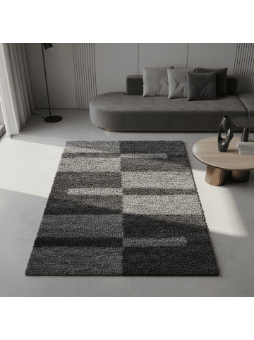 KADIMA DESIGN Teppich Hochflor Shaggy Waschbar Karo WERFEN Strapazierfähig in Grau