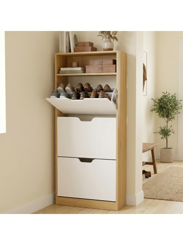 VASAGLE Schuhschrank Custos in Eichenfarben-Weiß - (B)60 x (H)139 x (T)24 cm