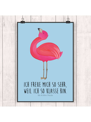 Mr. & Mrs. Panda Poster Flamingo Stolz mit Spruch in Blau Pastell