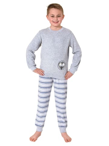 NORMANN Frottee langarm Schlafanzug Pyjama Bündchen und Fussball in grau