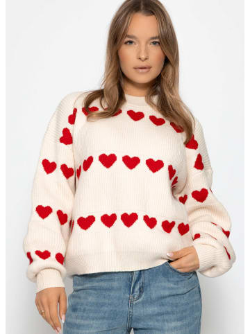 SASSYCLASSY Oversize Pullover mit roten Herzen in Offwhite