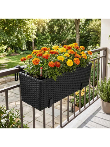relaxdays Balkonkasten "Rattan" mit Halterung in Schwarz - (B)50 x (H)19 x (T)19 cm