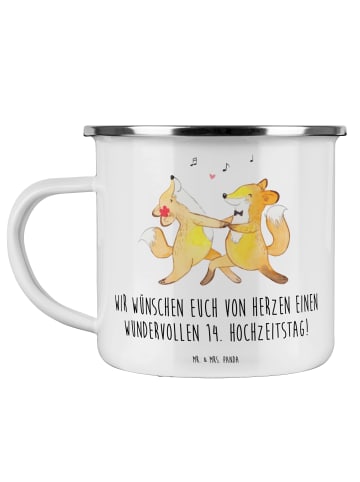 Mr. & Mrs. Panda Camping Emaille Tasse 14. Hochzeitstag Elfenbei... in Weiß