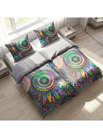 Traumschloss Comfort Flanell Bettwäsche - Gimbrere - bunte Mandalas mit Federn, grau in grau