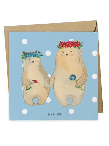 Mr. & Mrs. Panda Klappkarte Bären mit Blumenkranz ohne Spruch in Blau Pastell