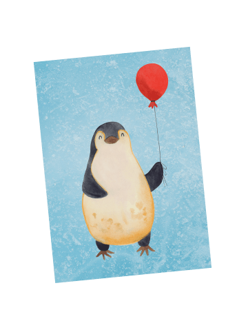 Mr. & Mrs. Panda Postkarte Pinguin Luftballon ohne Spruch in Eisblau