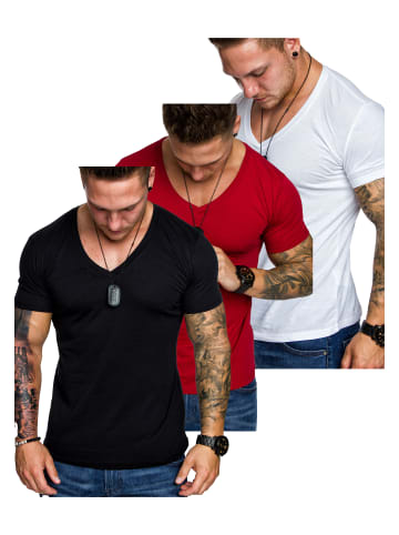Amaci&Sons Herren 3er-Pack T-Shirts 3. EUGENE in (Rot + Schwarz + Weiß)
