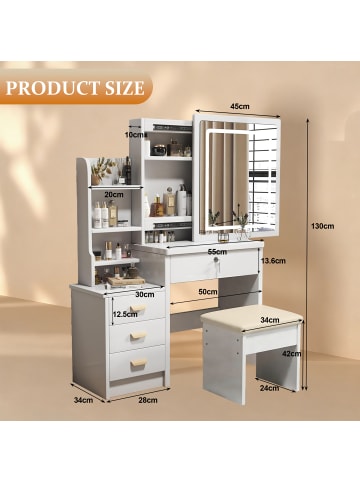 ABRIHOME Schminktisch in Weiß mit LED Spiegel Hocker 4 Schubladen 85x36x130 cm