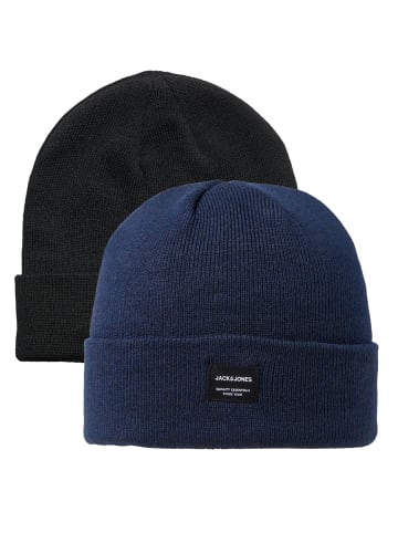 Jack & Jones Beanie Wollmütze Gerippte Wintermütze Cuff Hipster in Schwarz-Blau