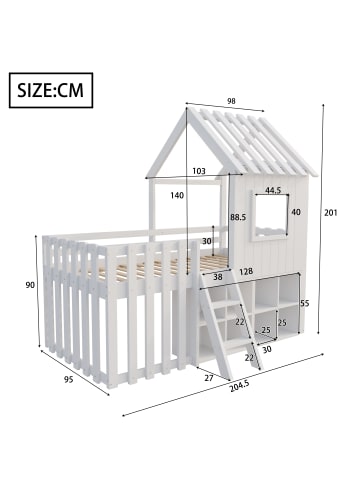 ABRIHOME Kinderbett in weiß 90x200 cm mit Dach Fenster Leiter und Stauraum ohne Matratze 