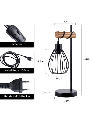 ZMH Tischleuchte 1-flammige E27 in Holz und Metall B 14cm