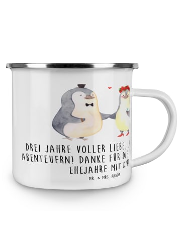 Mr. & Mrs. Panda Camping Emaille Tasse 3. Hochzeitstag Lederhoch... in Weiß