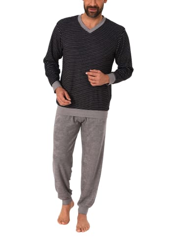 NORMANN Frottee Pyjama langarm Bündchen Ringel - 49687 in schwarz