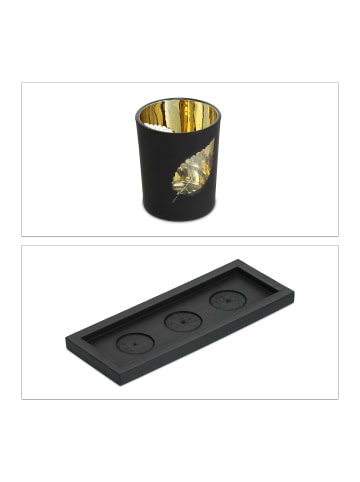 relaxdays Teelichthalter Set in Schwarz/ Gold - (B)30 x (H)7,5 x (T)11,5 cm