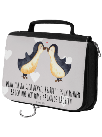 Mr. & Mrs. Panda Kosmetiktasche Pinguine Kuss mit Spruch in Grau Pastell