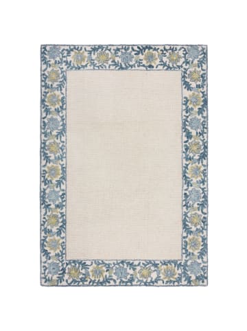 KADIMA DESIGN Teppich Kurzflor Unifarben, Floral Bordüre, Wohnzimmer in Blau-Beige