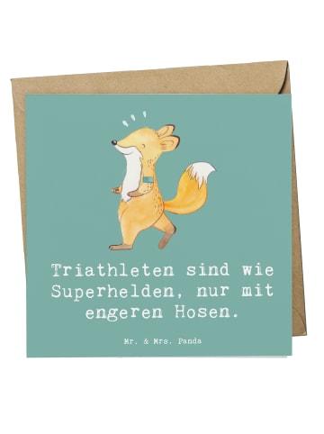 Mr. & Mrs. Panda Einladungskarte Triathlon Superheld mit Spruch in Meeresbrise