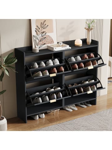 ABRIHOME Schuhschrank in Schwarz mit 4 Klappenfächern und offenen Ablagen 110X90X24 cm
