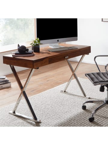 FineBuy Schreibtisch in Silber / Sheesham / 120x55x78