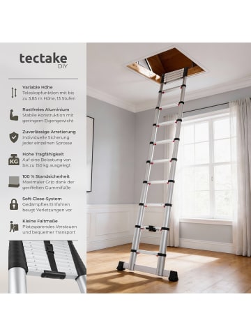 tectake Ausziehleiter 3,85 m, zuverlässige Arretierung, 150 kg Belastbarkeit