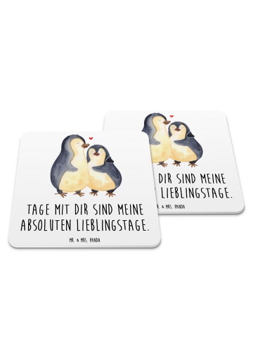 Mr. & Mrs. Panda Untersetzer für Gläser Pinguin umarmen mit Spruch in Weiß