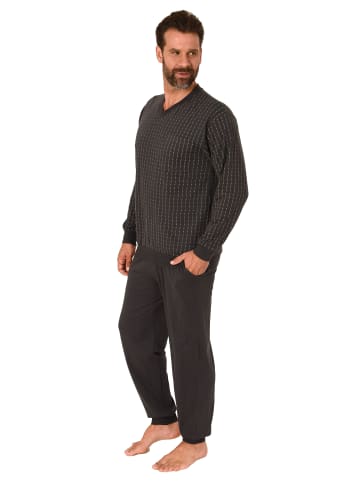 NORMANN Schlafanzug langarm Pyjama BündchenStreifen in dunkelgrau