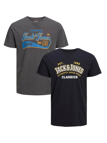 Jack & Jones 2-er Set Logo T-Shirt Kurzarm Basic Shirt JJELOGO in Grau-Blau