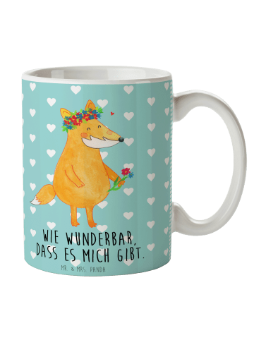 Mr. & Mrs. Panda Tasse Fuchs Blumen mit Spruch in Türkis Pastell