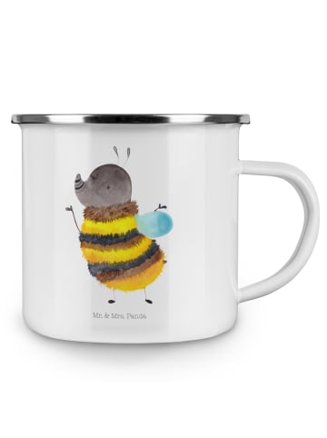 Mr. & Mrs. Panda Camping Emaille Tasse Hummel flauschig ohne Spruch in Weiß